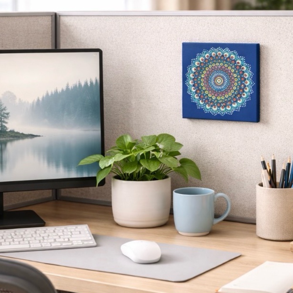 Find the piece in the design, Blue Mandala Canvas Art on an up-cycled canvas